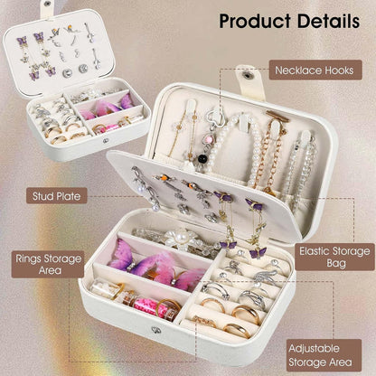 6 Pcs Travel Jewelry Box, Mini Travel Jewelry Organizer for Women, PU Leather Small Double Layer Portable Case for Stud Earrings, Rings, Necklaces, Bracelets, 6.2 x 4.3 x 1.9 Inches, Flash White