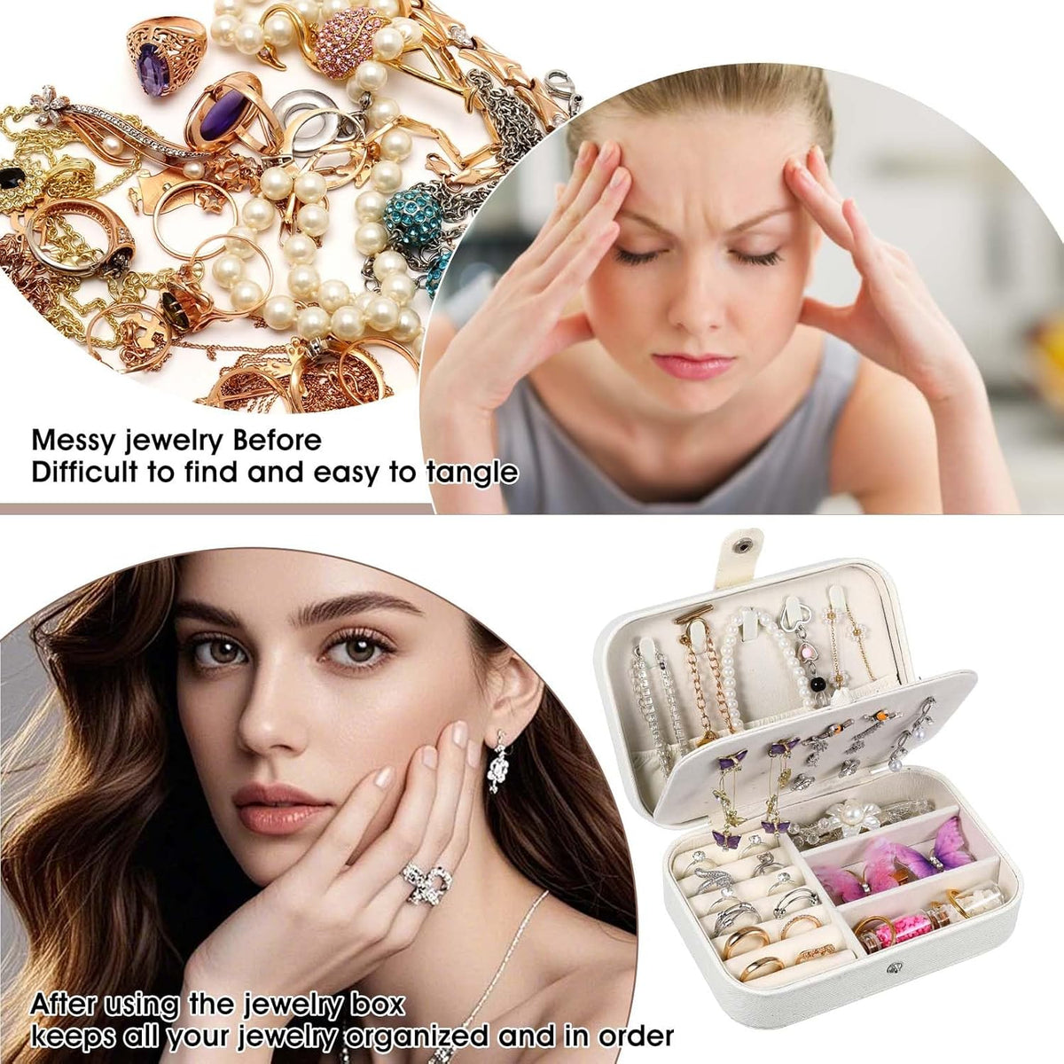 6 Pcs Travel Jewelry Box, Mini Travel Jewelry Organizer for Women, PU Leather Small Double Layer Portable Case for Stud Earrings, Rings, Necklaces, Bracelets, 6.2 x 4.3 x 1.9 Inches, Flash White