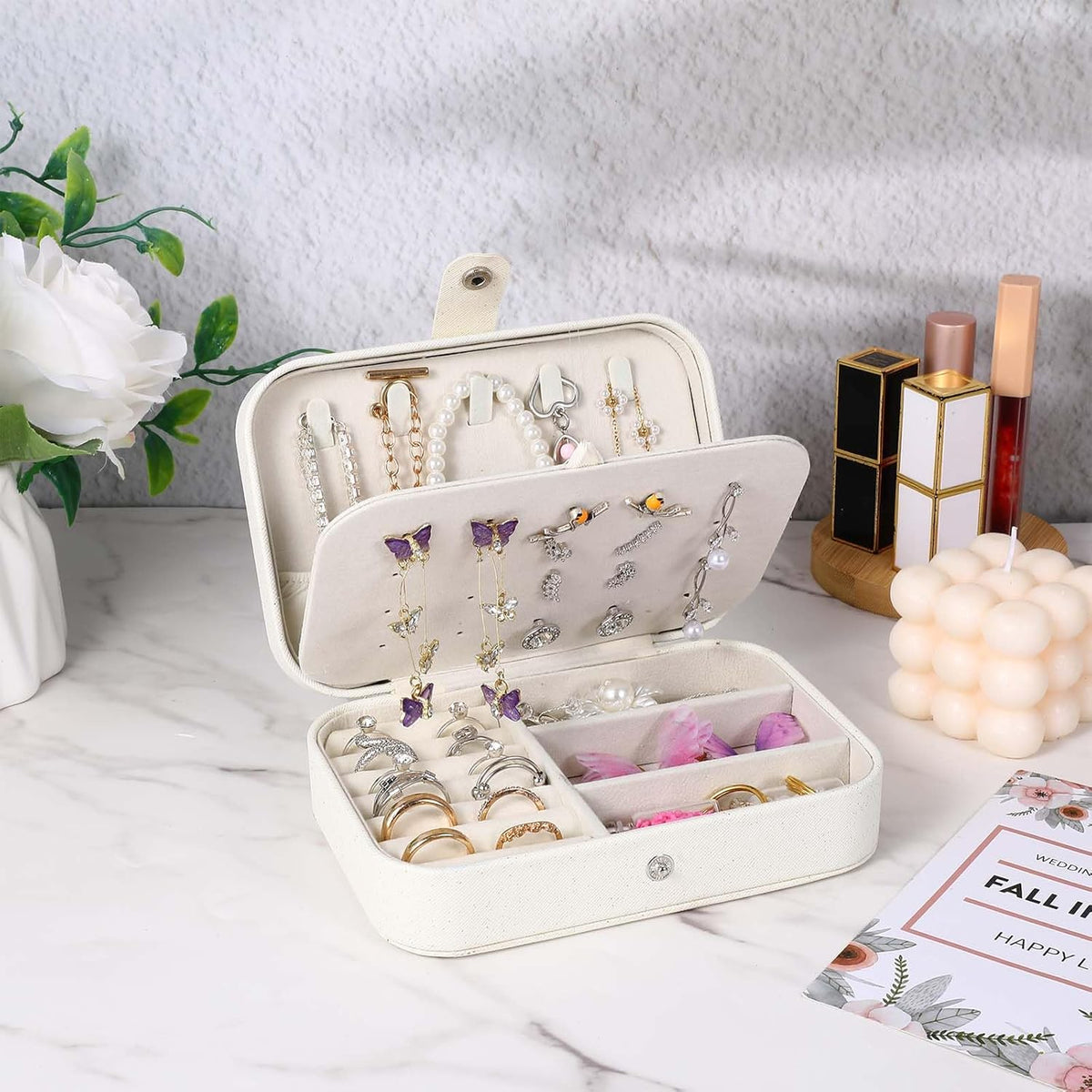 6 Pcs Travel Jewelry Box, Mini Travel Jewelry Organizer for Women, PU Leather Small Double Layer Portable Case for Stud Earrings, Rings, Necklaces, Bracelets, 6.2 x 4.3 x 1.9 Inches, Flash White