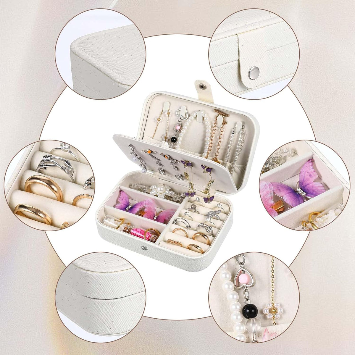 6 Pcs Travel Jewelry Box, Mini Travel Jewelry Organizer for Women, PU Leather Small Double Layer Portable Case for Stud Earrings, Rings, Necklaces, Bracelets, 6.2 x 4.3 x 1.9 Inches, Flash White