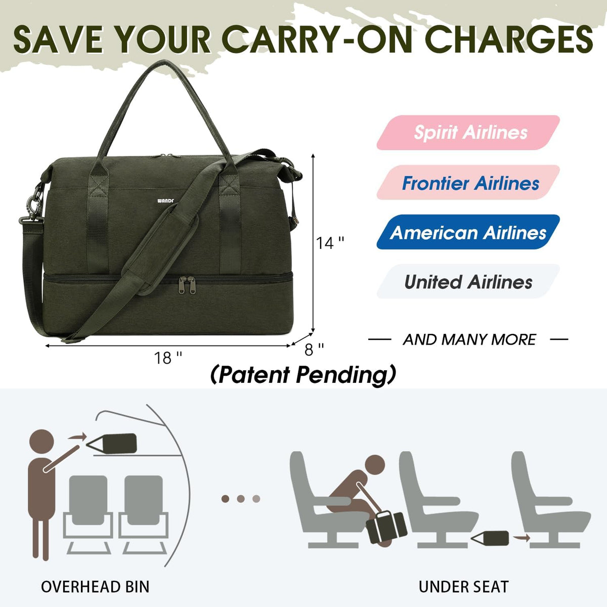 Personal Item Travel Bag, Carry On Weekender Bag for Women | 18x14x8 inches, Frontier Underseat Fit, Shoe Compartment, Weekend Overnight Trips