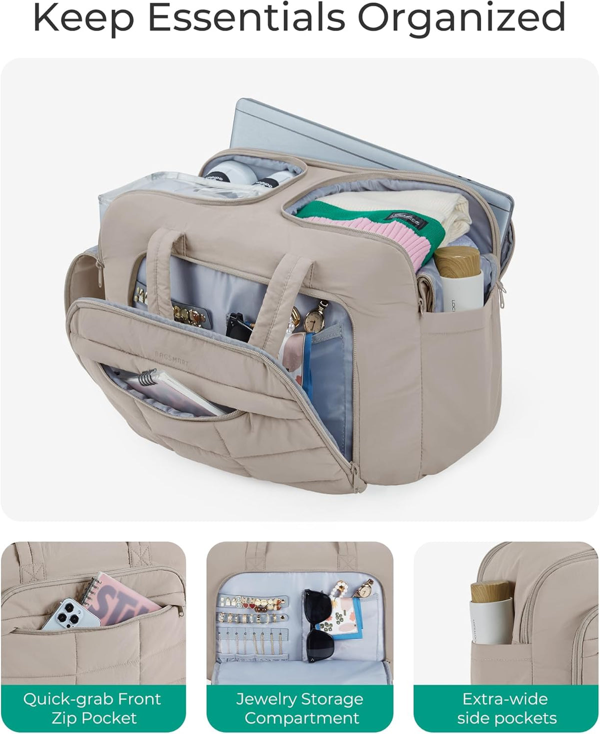Travel Duffel Bag, Carry on Travel Bag with Jewelry Compartment, 35L Weekender Duffle for Women, Water Resistant, Light Tan