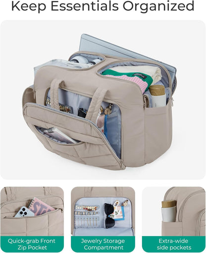 Travel Duffel Bag, Carry on Travel Bag with Jewelry Compartment, 35L Weekender Duffle for Women, Water Resistant, Light Tan