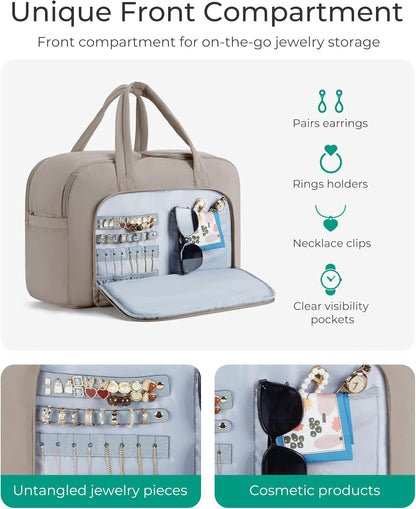 Travel Duffel Bag, Carry on Travel Bag with Jewelry Compartment, 35L Weekender Duffle for Women, Water Resistant, Light Tan