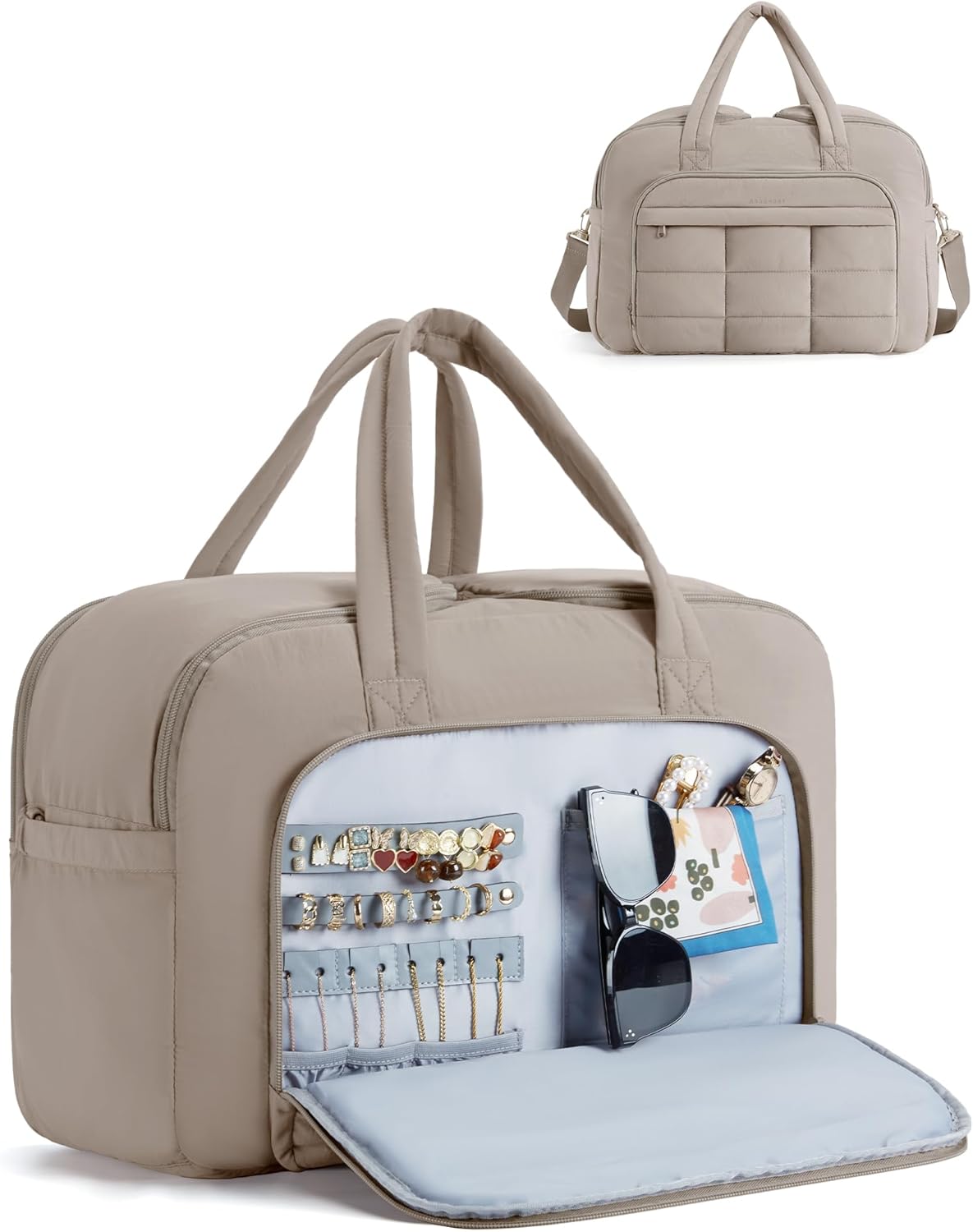 Travel Duffel Bag, Carry on Travel Bag with Jewelry Compartment, 35L Weekender Duffle for Women, Water Resistant, Light Tan