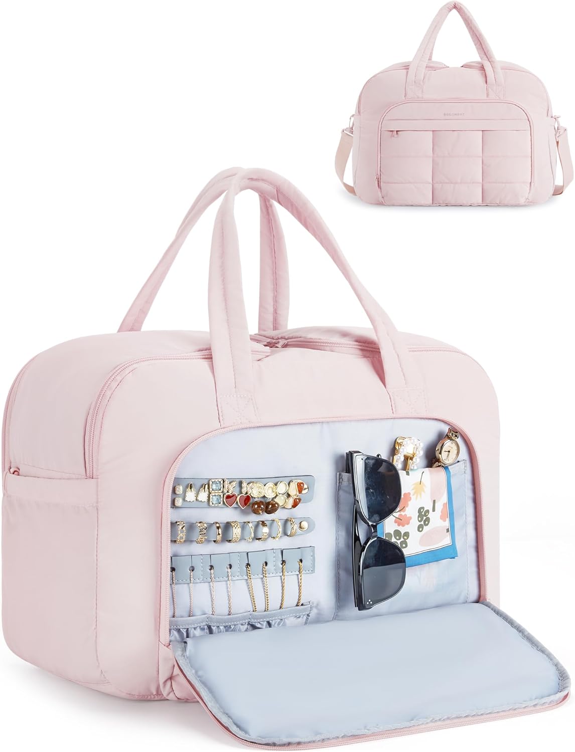 Travel Duffel Bag, Carry on Travel Bag with Jewelry Compartment, 35L Weekender Duffle for Women, Water Resistant, Light Tan