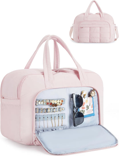 Travel Duffel Bag, Carry on Travel Bag with Jewelry Compartment, 35L Weekender Duffle for Women, Water Resistant, Light Tan