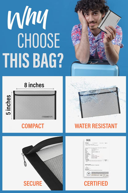 Fireproof Document Bag Envelope Size: 8" x 5" [2000°F Rated] Fireproof Cash Bags with Zipper Small Water and Fire Resistant Money Bag for Cash Storage, Fireproof Bags for Cash Fire Proof