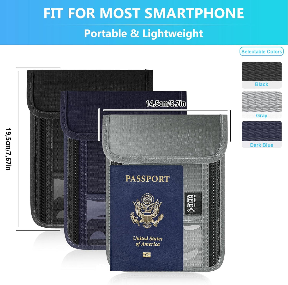 Neck Wallet with RFID Blocking, Waterproof Travel Passport Holder with Adjustable Strap, Passport Wallets Pouch Travel Essentials for Women Men (Gray)
