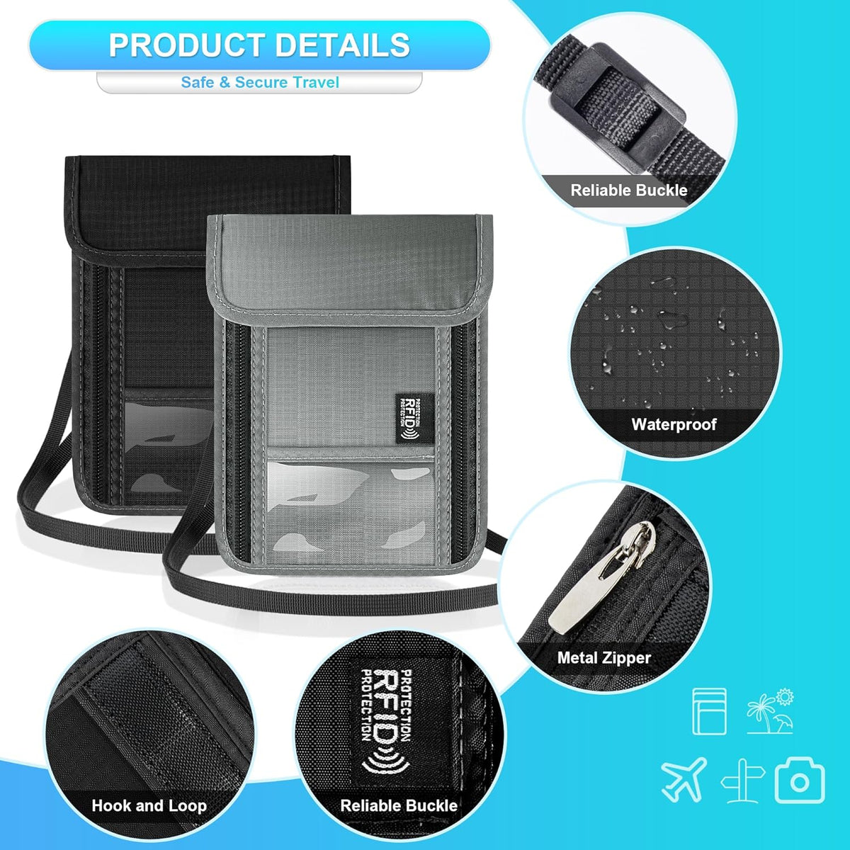 Neck Wallet with RFID Blocking, Waterproof Travel Passport Holder with Adjustable Strap, Passport Wallets Pouch Travel Essentials for Women Men (Gray)
