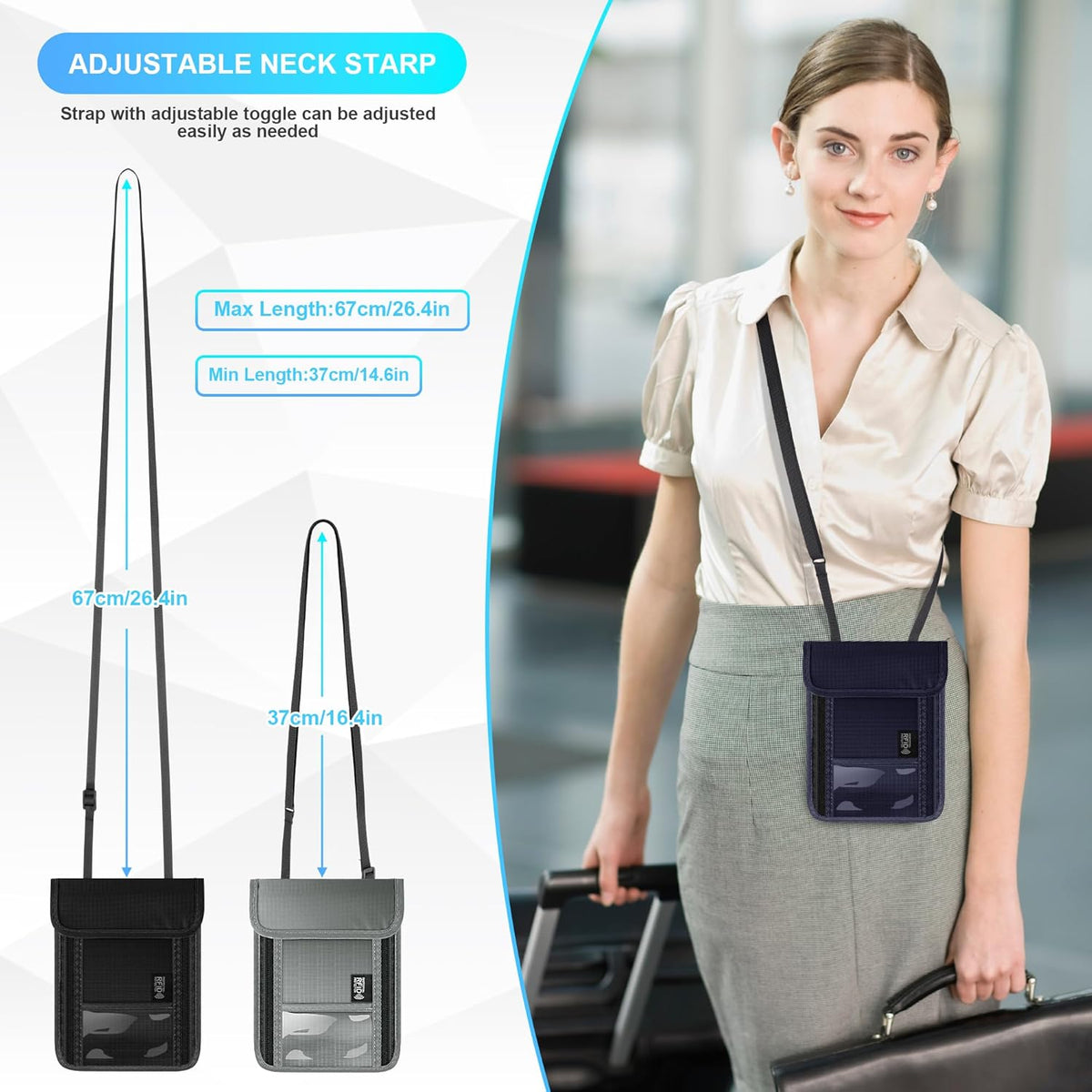 Neck Wallet with RFID Blocking, Waterproof Travel Passport Holder with Adjustable Strap, Passport Wallets Pouch Travel Essentials for Women Men (Gray)