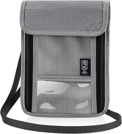 Neck Wallet with RFID Blocking, Waterproof Travel Passport Holder with Adjustable Strap, Passport Wallets Pouch Travel Essentials for Women Men (Gray)