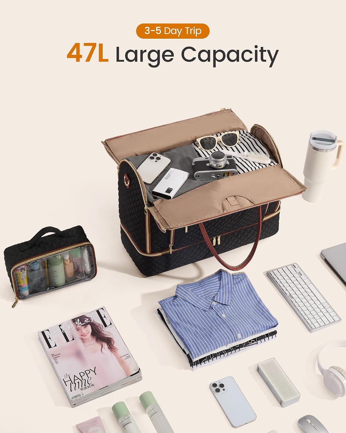 Convertible Travel Duffle Bag for Women Men, Garment Bag for Travel, Quilted Overnight Weekender Carry On Duffel Bags for Airplane, Suit Bags for Trip, Business