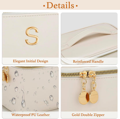 Personalized Initial Makeup Bag Gifts for Women, Large Travel Cosmetic Organizer with Handle & Divider, PU Leather Toiletry Bag for Girls, Birthday Bridesmaid Gift Set - Beige - H