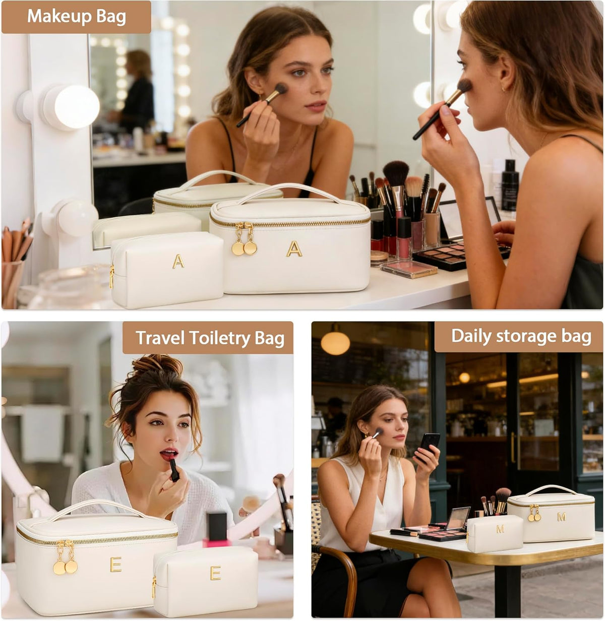 Personalized Initial Makeup Bag Gifts for Women, Large Travel Cosmetic Organizer with Handle & Divider, PU Leather Toiletry Bag for Girls, Birthday Bridesmaid Gift Set - Beige - H