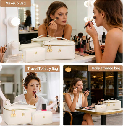 Personalized Initial Makeup Bag Gifts for Women, Large Travel Cosmetic Organizer with Handle & Divider, PU Leather Toiletry Bag for Girls, Birthday Bridesmaid Gift Set - Beige - H