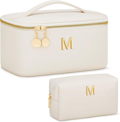 Personalized Initial Makeup Bag Gifts for Women, Large Travel Cosmetic Organizer with Handle & Divider, PU Leather Toiletry Bag for Girls, Birthday Bridesmaid Gift Set - Beige - H
