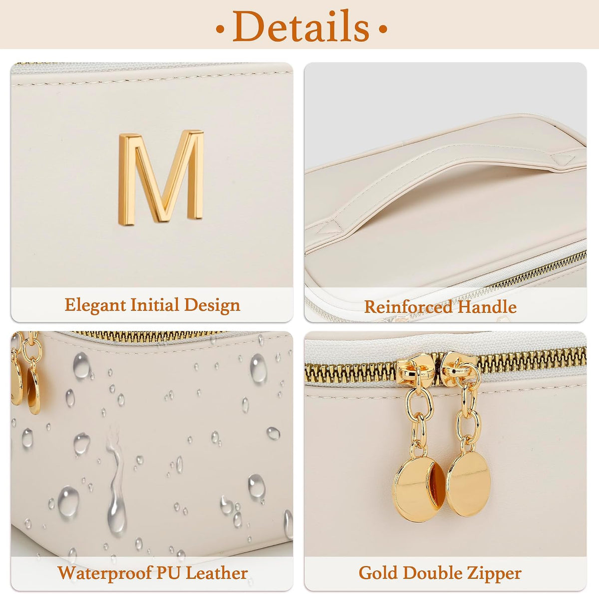 Personalized Initial Makeup Bag Gifts for Women, Large Travel Cosmetic Organizer with Handle & Divider, PU Leather Toiletry Bag for Girls, Birthday Bridesmaid Gift Set - Beige - H