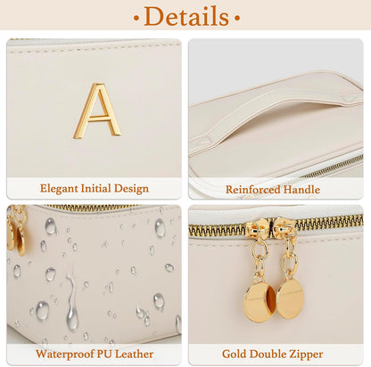 Personalized Initial Makeup Bag Gifts for Women, Large Travel Cosmetic Organizer with Handle & Divider, PU Leather Toiletry Bag for Girls, Birthday Bridesmaid Gift Set - Beige - H