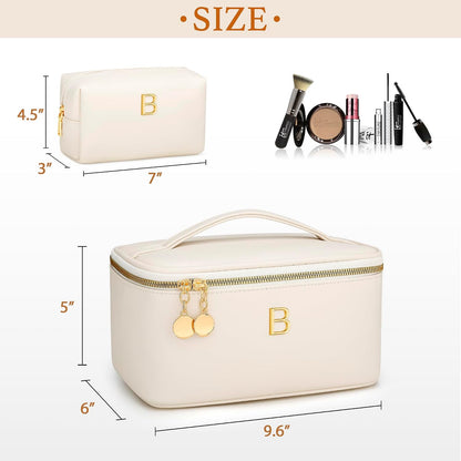 Personalized Initial Makeup Bag Gifts for Women, Large Travel Cosmetic Organizer with Handle & Divider, PU Leather Toiletry Bag for Girls, Birthday Bridesmaid Gift Set - Beige - H