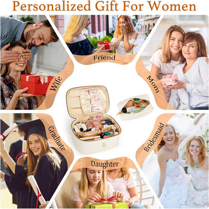 Personalized Initial Makeup Bag Gifts for Women, Large Travel Cosmetic Organizer with Handle & Divider, PU Leather Toiletry Bag for Girls, Birthday Bridesmaid Gift Set - Beige - H