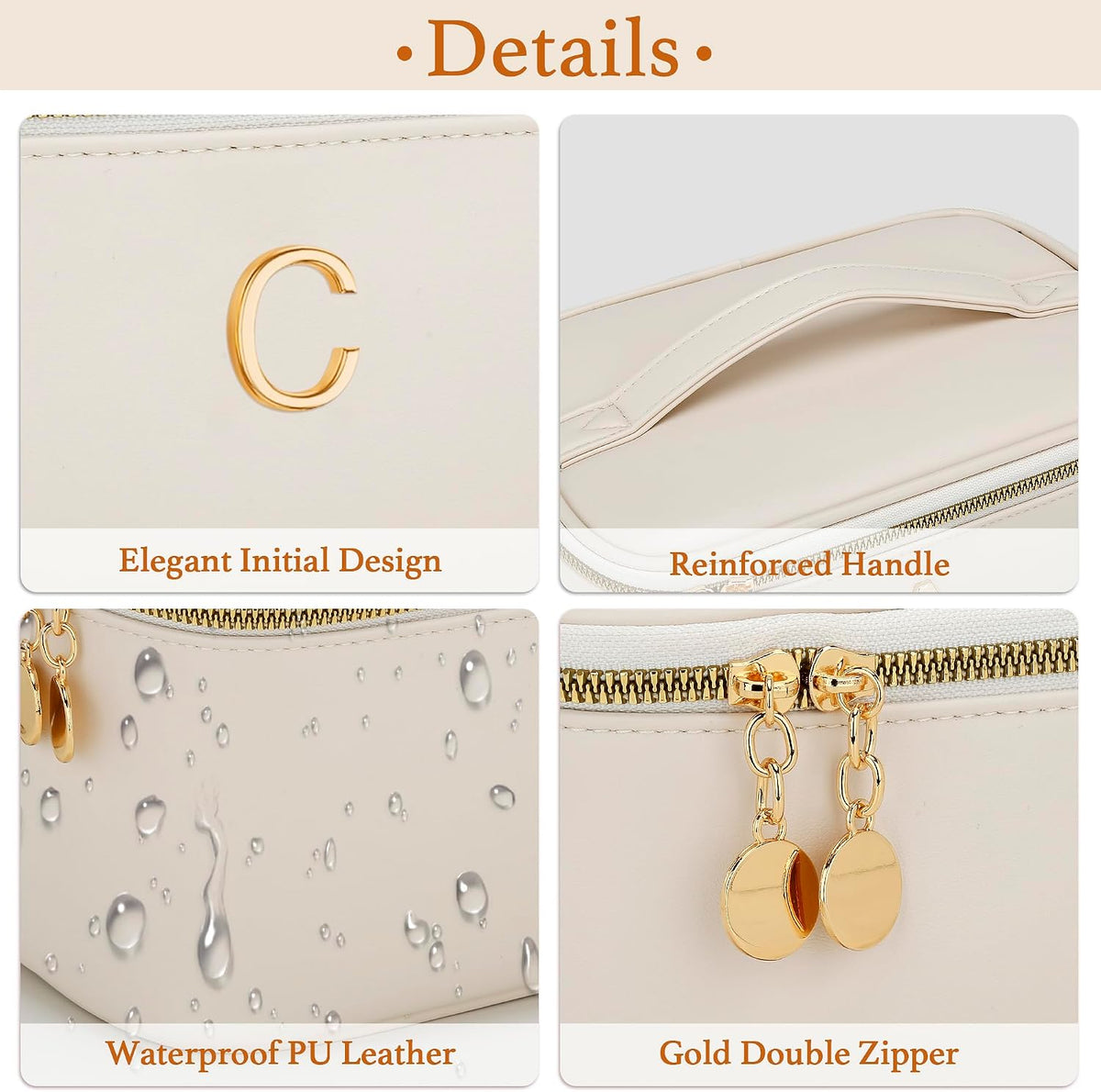 Personalized Initial Makeup Bag Gifts for Women, Large Travel Cosmetic Organizer with Handle & Divider, PU Leather Toiletry Bag for Girls, Birthday Bridesmaid Gift Set - Beige - H