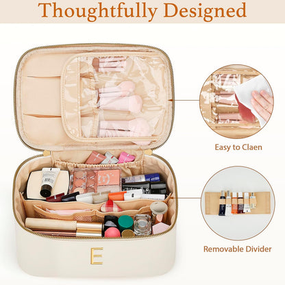 Personalized Initial Makeup Bag Gifts for Women, Large Travel Cosmetic Organizer with Handle & Divider, PU Leather Toiletry Bag for Girls, Birthday Bridesmaid Gift Set - Beige - H