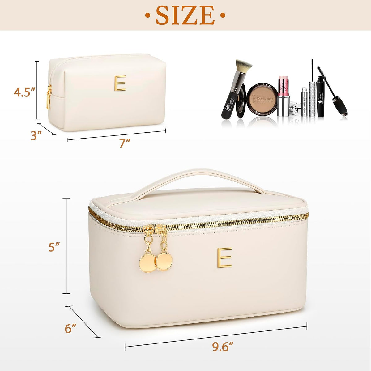 Personalized Initial Makeup Bag Gifts for Women, Large Travel Cosmetic Organizer with Handle & Divider, PU Leather Toiletry Bag for Girls, Birthday Bridesmaid Gift Set - Beige - H