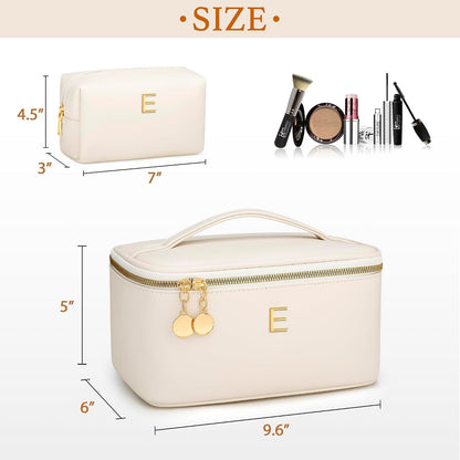 Personalized Initial Makeup Bag Gifts for Women, Large Travel Cosmetic Organizer with Handle & Divider, PU Leather Toiletry Bag for Girls, Birthday Bridesmaid Gift Set - Beige - H