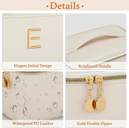 Personalized Initial Makeup Bag Gifts for Women, Large Travel Cosmetic Organizer with Handle & Divider, PU Leather Toiletry Bag for Girls, Birthday Bridesmaid Gift Set - Beige - H