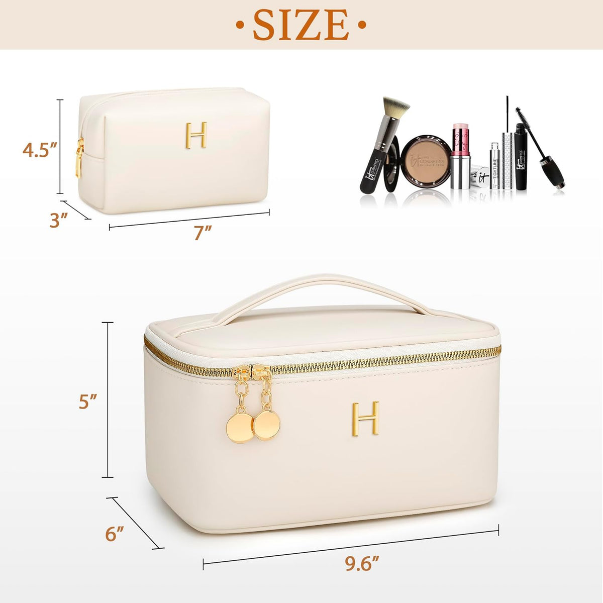 Personalized Initial Makeup Bag Gifts for Women, Large Travel Cosmetic Organizer with Handle & Divider, PU Leather Toiletry Bag for Girls, Birthday Bridesmaid Gift Set - Beige - H