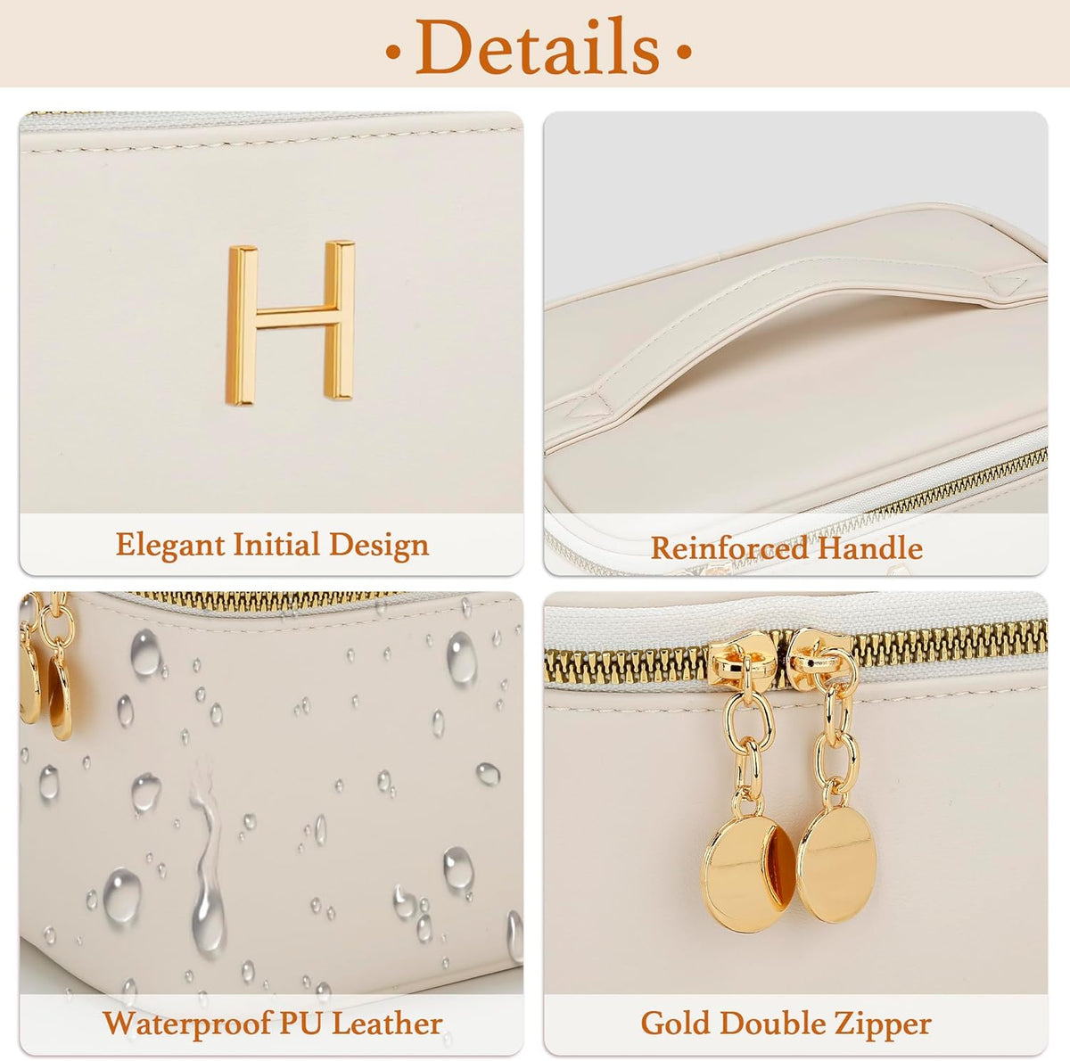 Personalized Initial Makeup Bag Gifts for Women, Large Travel Cosmetic Organizer with Handle & Divider, PU Leather Toiletry Bag for Girls, Birthday Bridesmaid Gift Set - Beige - H