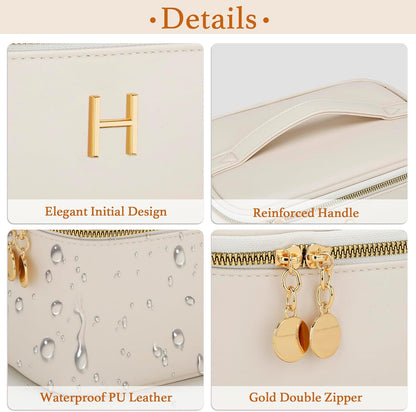 Personalized Initial Makeup Bag Gifts for Women, Large Travel Cosmetic Organizer with Handle & Divider, PU Leather Toiletry Bag for Girls, Birthday Bridesmaid Gift Set - Beige - H