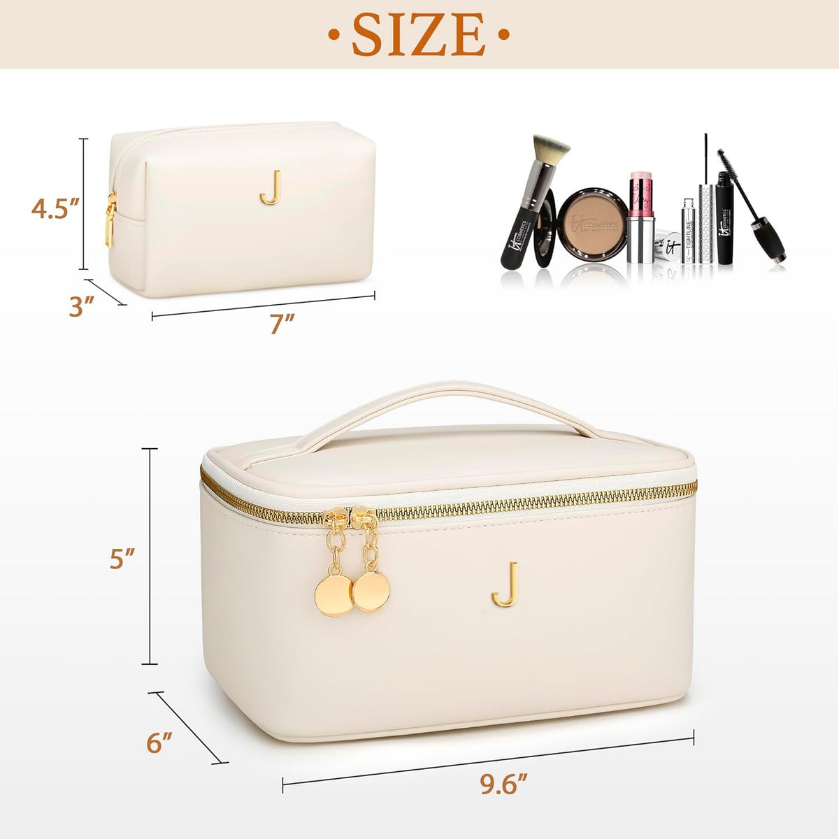 Personalized Initial Makeup Bag Gifts for Women, Large Travel Cosmetic Organizer with Handle & Divider, PU Leather Toiletry Bag for Girls, Birthday Bridesmaid Gift Set - Beige - H