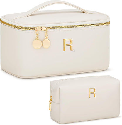 Personalized Initial Makeup Bag Gifts for Women, Large Travel Cosmetic Organizer with Handle & Divider, PU Leather Toiletry Bag for Girls, Birthday Bridesmaid Gift Set - Beige - H