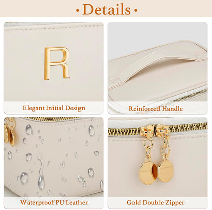 Personalized Initial Makeup Bag Gifts for Women, Large Travel Cosmetic Organizer with Handle & Divider, PU Leather Toiletry Bag for Girls, Birthday Bridesmaid Gift Set - Beige - H