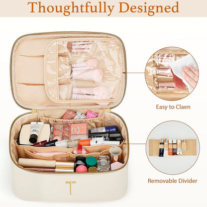 Personalized Initial Makeup Bag Gifts for Women, Large Travel Cosmetic Organizer with Handle & Divider, PU Leather Toiletry Bag for Girls, Birthday Bridesmaid Gift Set - Beige - H