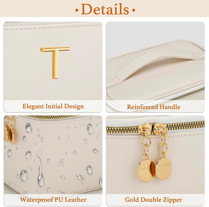Personalized Initial Makeup Bag Gifts for Women, Large Travel Cosmetic Organizer with Handle & Divider, PU Leather Toiletry Bag for Girls, Birthday Bridesmaid Gift Set - Beige - H