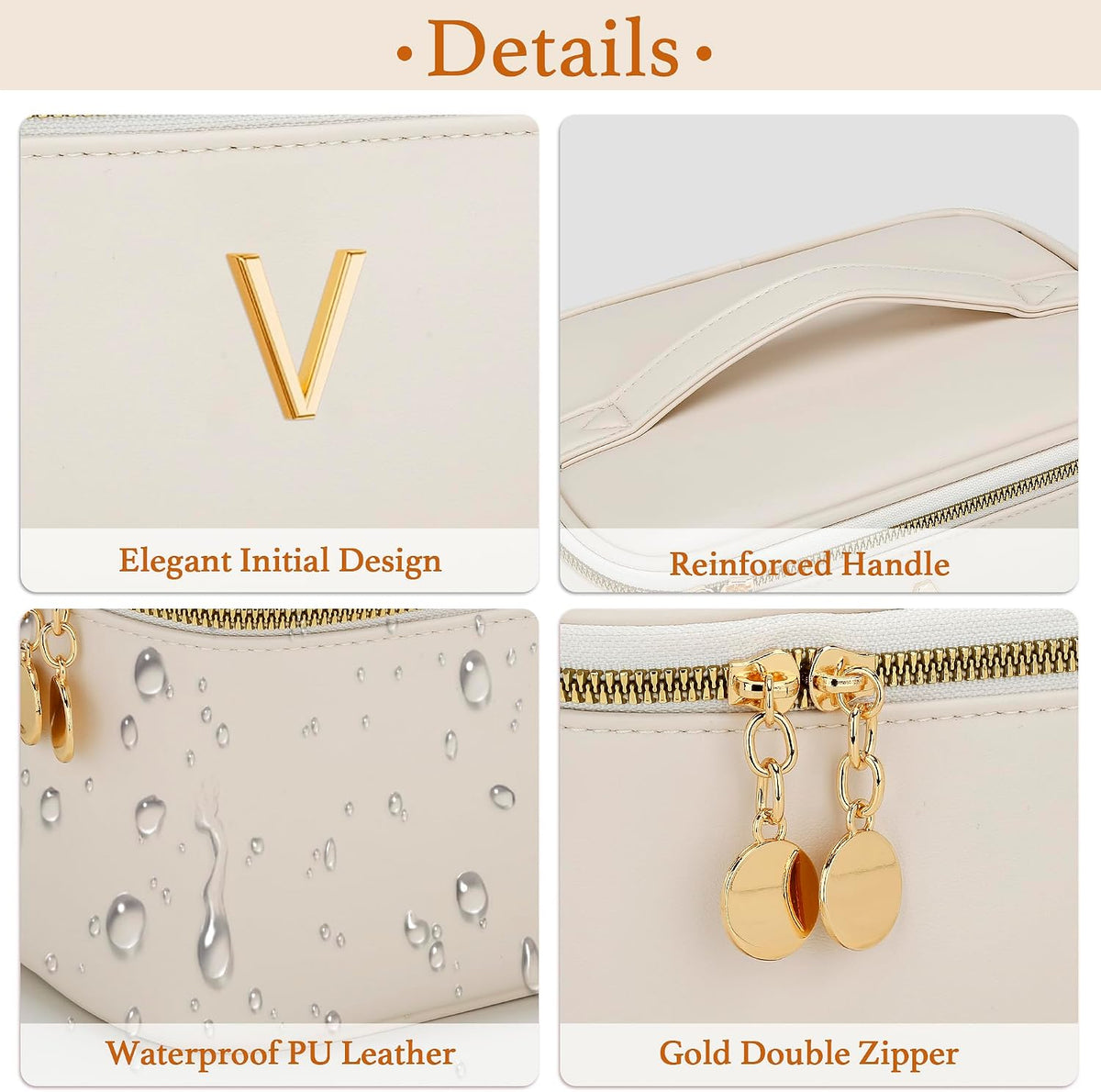 Personalized Initial Makeup Bag Gifts for Women, Large Travel Cosmetic Organizer with Handle & Divider, PU Leather Toiletry Bag for Girls, Birthday Bridesmaid Gift Set - Beige - H