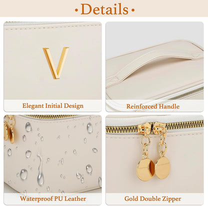 Personalized Initial Makeup Bag Gifts for Women, Large Travel Cosmetic Organizer with Handle & Divider, PU Leather Toiletry Bag for Girls, Birthday Bridesmaid Gift Set - Beige - H