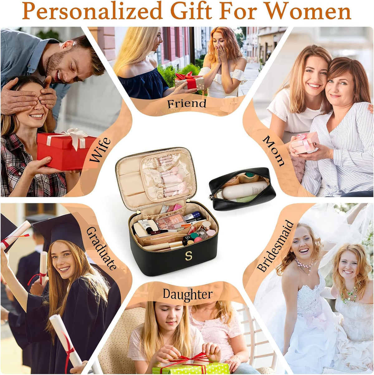 Personalized Initial Makeup Bag Gifts for Women, Large Travel Cosmetic Organizer with Handle & Divider, PU Leather Toiletry Bag for Girls, Birthday Bridesmaid Gift Set - Beige - H