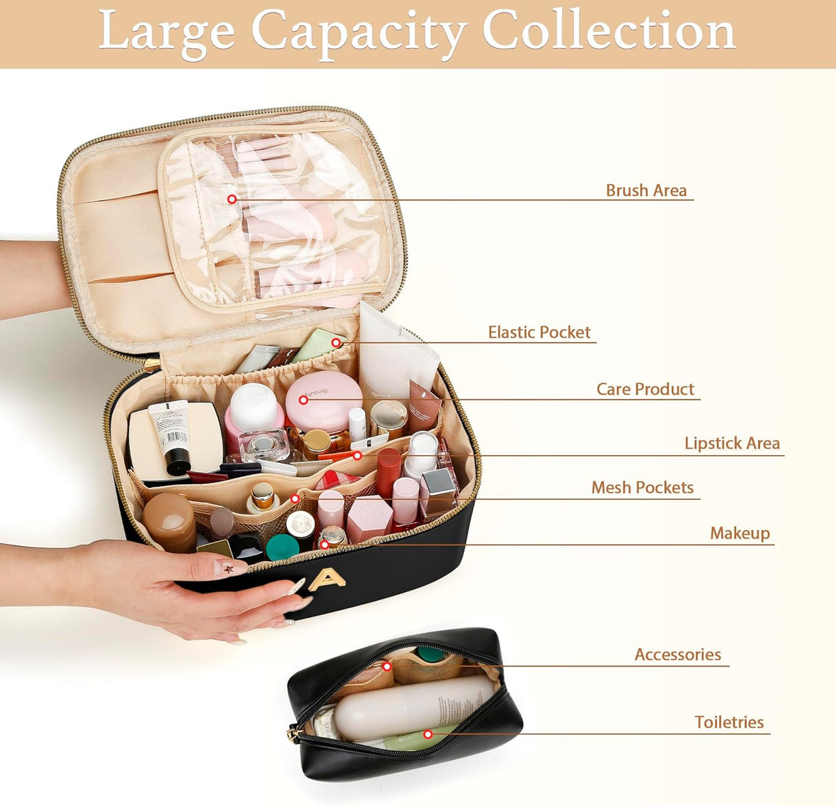 Personalized Initial Makeup Bag Gifts for Women, Large Travel Cosmetic Organizer with Handle & Divider, PU Leather Toiletry Bag for Girls, Birthday Bridesmaid Gift Set - Beige - H