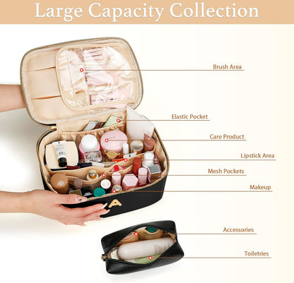 Personalized Initial Makeup Bag Gifts for Women, Large Travel Cosmetic Organizer with Handle & Divider, PU Leather Toiletry Bag for Girls, Birthday Bridesmaid Gift Set - Beige - H