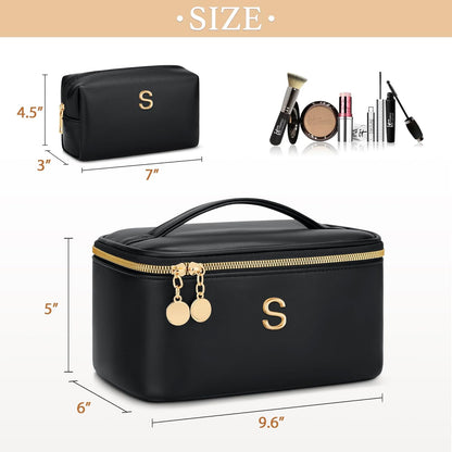 Personalized Initial Makeup Bag Gifts for Women, Large Travel Cosmetic Organizer with Handle & Divider, PU Leather Toiletry Bag for Girls, Birthday Bridesmaid Gift Set - Beige - H
