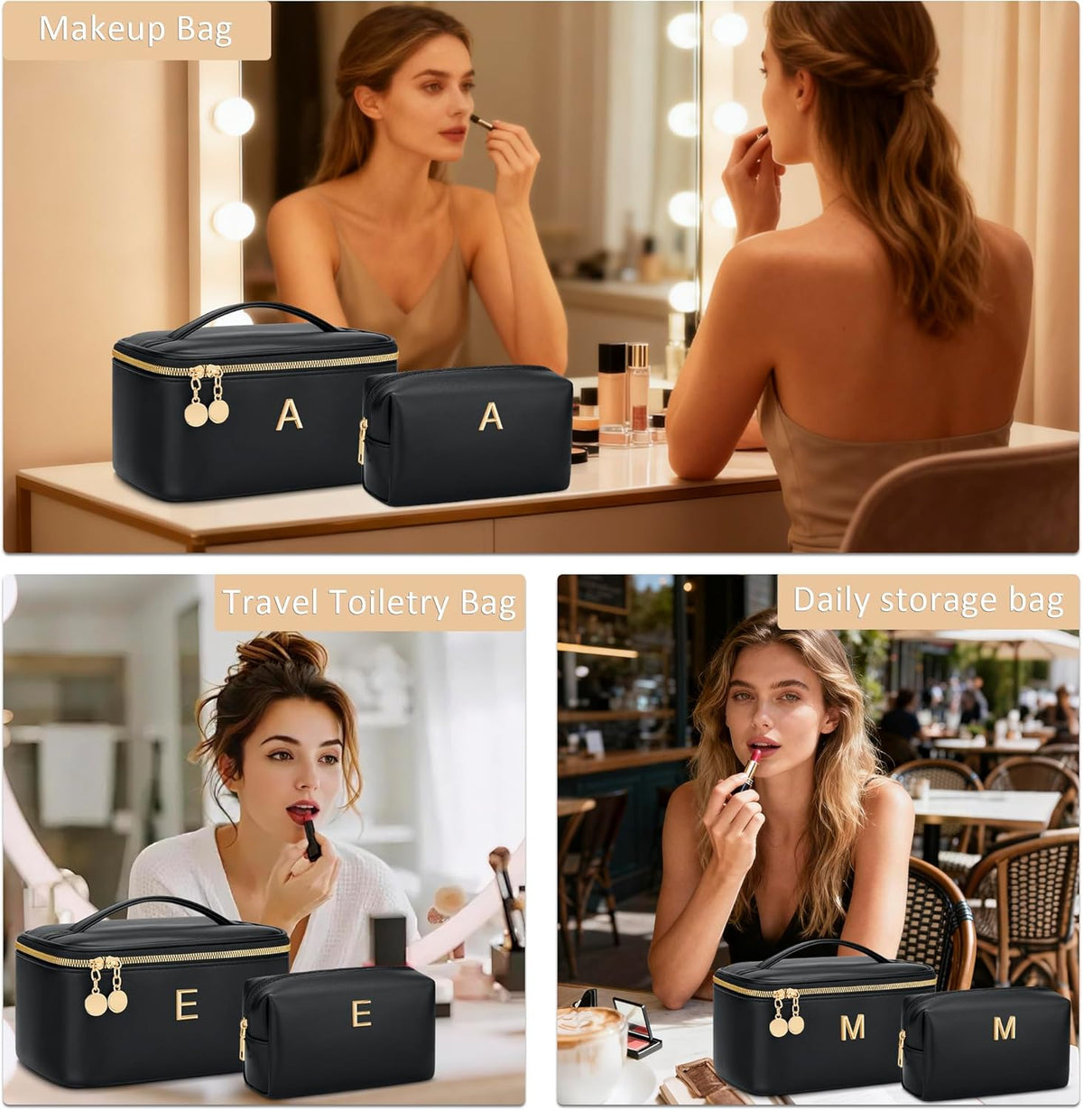 Personalized Initial Makeup Bag Gifts for Women, Large Travel Cosmetic Organizer with Handle & Divider, PU Leather Toiletry Bag for Girls, Birthday Bridesmaid Gift Set - Beige - H