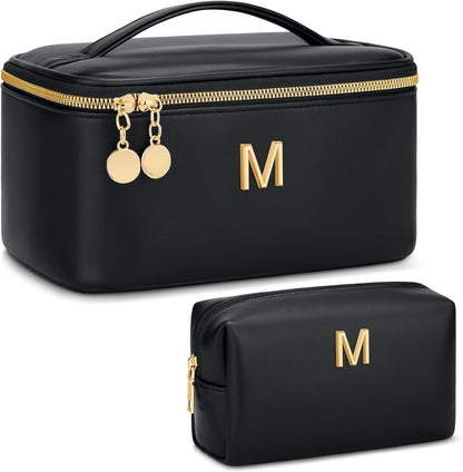 Personalized Initial Makeup Bag Gifts for Women, Large Travel Cosmetic Organizer with Handle & Divider, PU Leather Toiletry Bag for Girls, Birthday Bridesmaid Gift Set - Beige - H