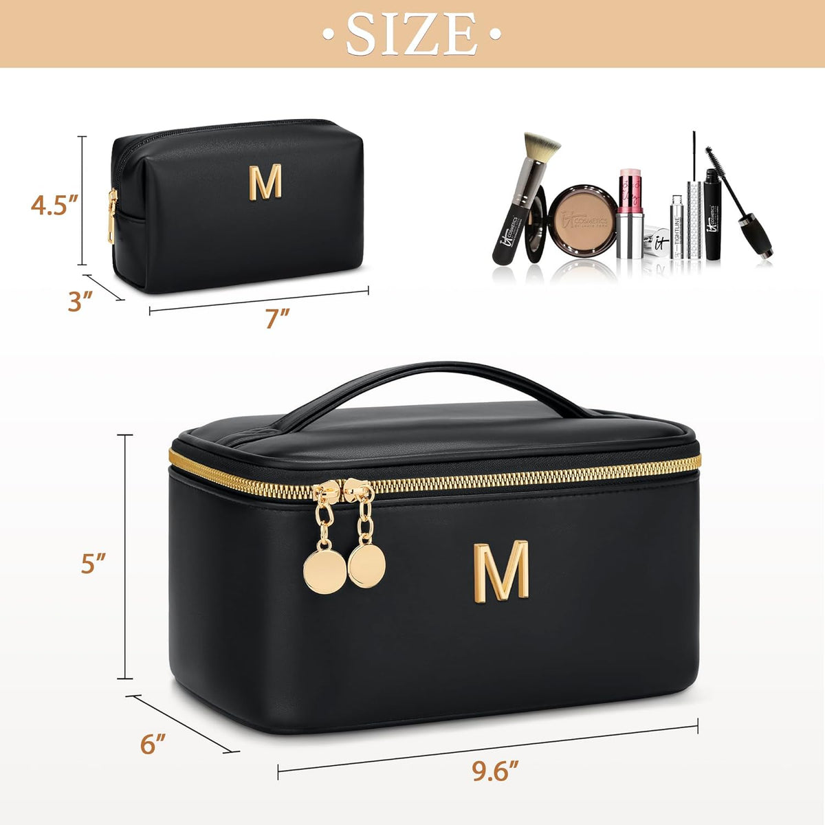Personalized Initial Makeup Bag Gifts for Women, Large Travel Cosmetic Organizer with Handle & Divider, PU Leather Toiletry Bag for Girls, Birthday Bridesmaid Gift Set - Beige - H