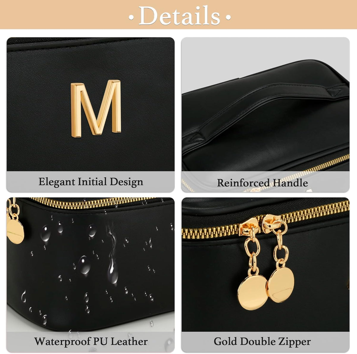 Personalized Initial Makeup Bag Gifts for Women, Large Travel Cosmetic Organizer with Handle & Divider, PU Leather Toiletry Bag for Girls, Birthday Bridesmaid Gift Set - Beige - H