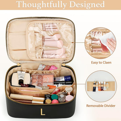 Personalized Initial Makeup Bag Gifts for Women, Large Travel Cosmetic Organizer with Handle & Divider, PU Leather Toiletry Bag for Girls, Birthday Bridesmaid Gift Set - Beige - H