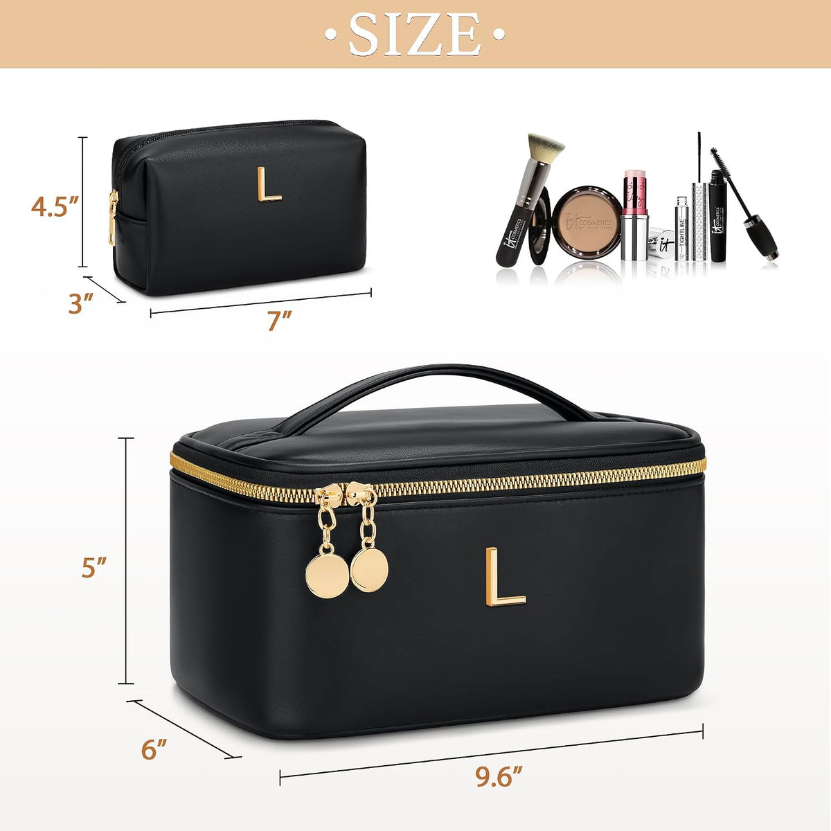 Personalized Initial Makeup Bag Gifts for Women, Large Travel Cosmetic Organizer with Handle & Divider, PU Leather Toiletry Bag for Girls, Birthday Bridesmaid Gift Set - Beige - H